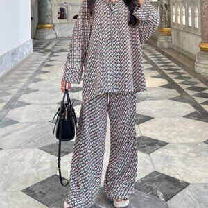 Zara Green Orange Geometric Print Wide-Leg Pants M